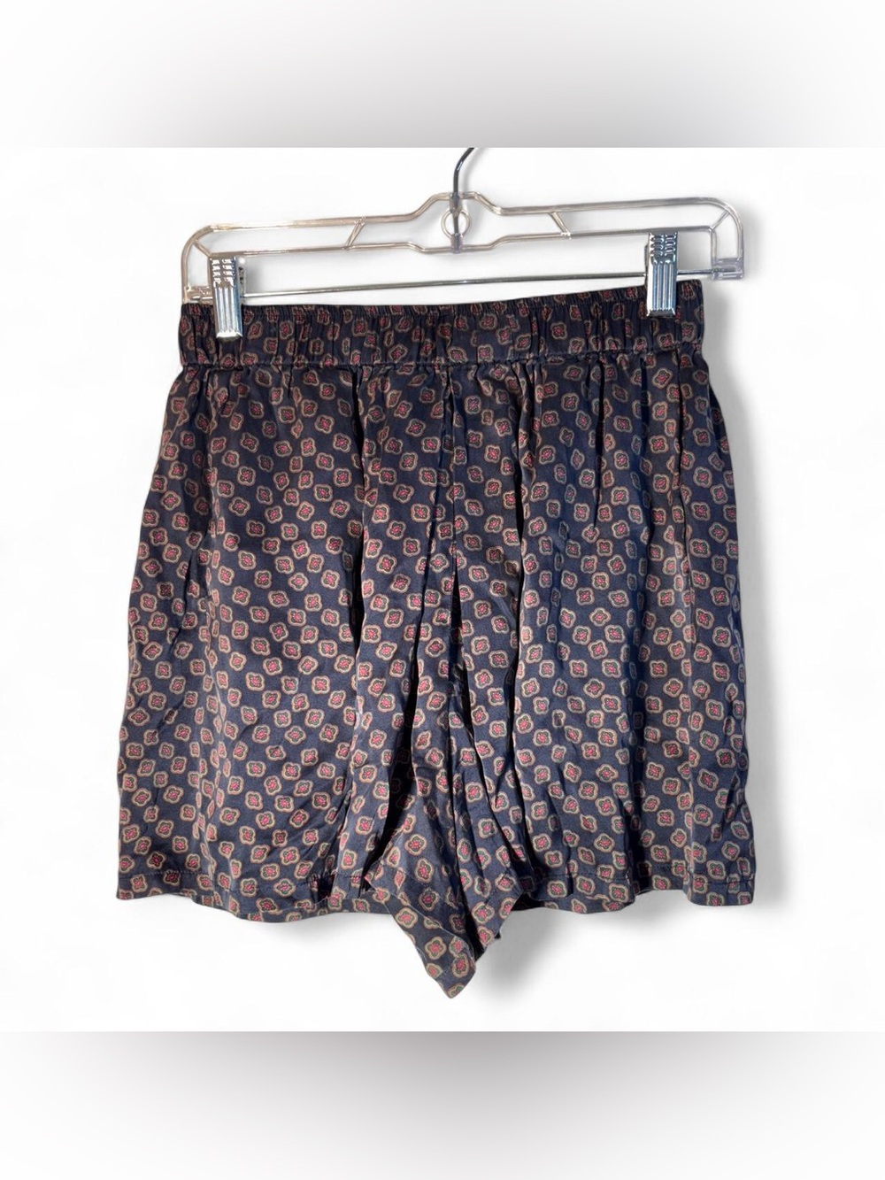 Vintage Neiman Marcus Navy Silk Shorts with Pink and Cream Medallions